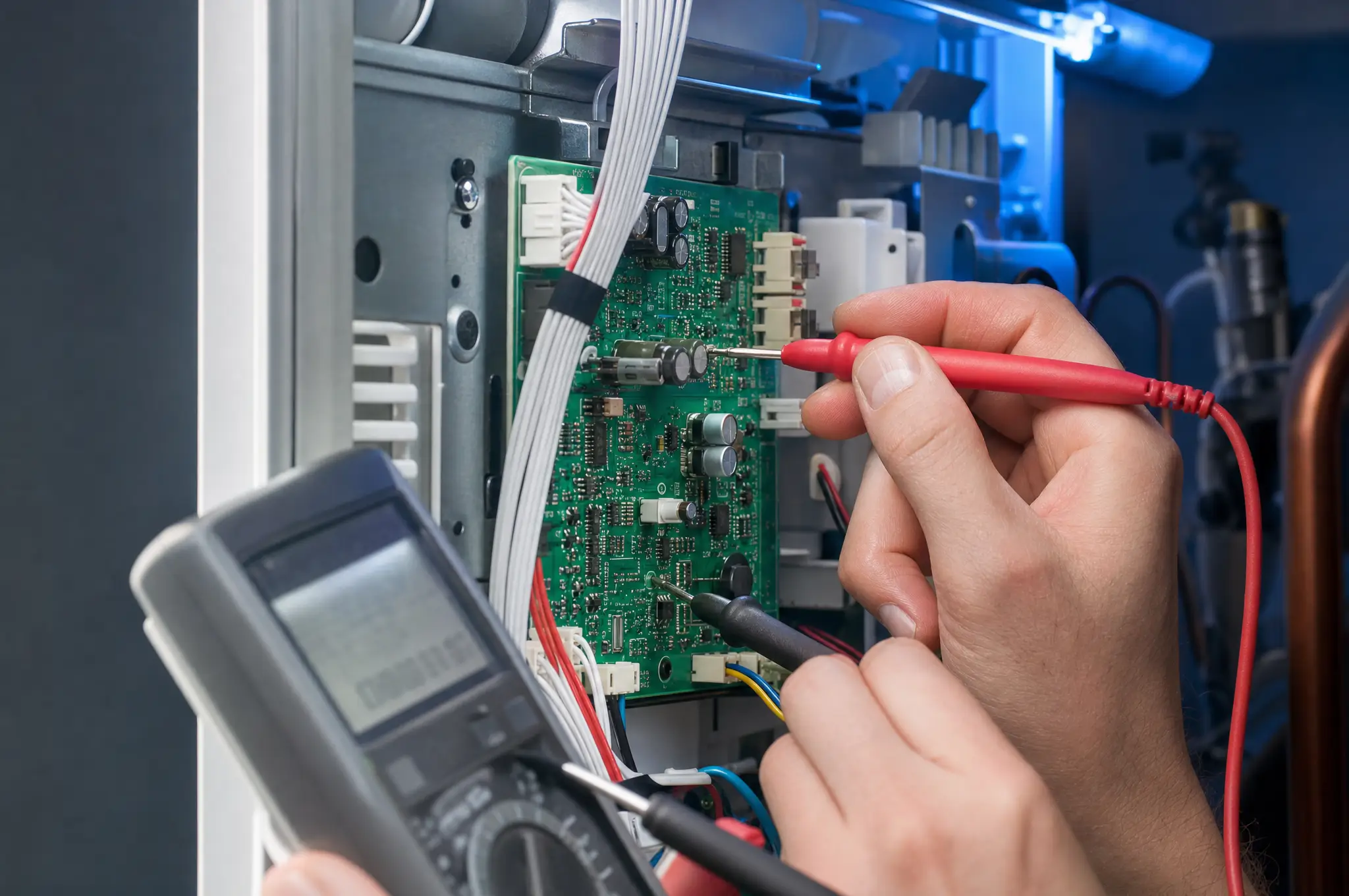 A technician testing an appliance control board with a multimeter