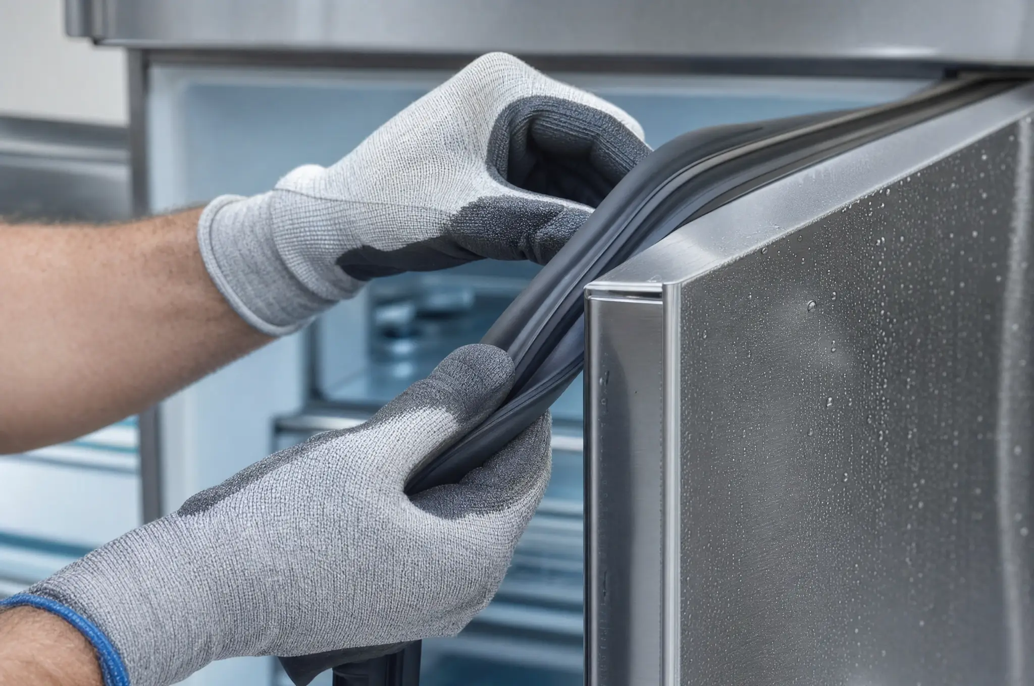 A technician fitting a door gasket seal to a stainless refrigerator door