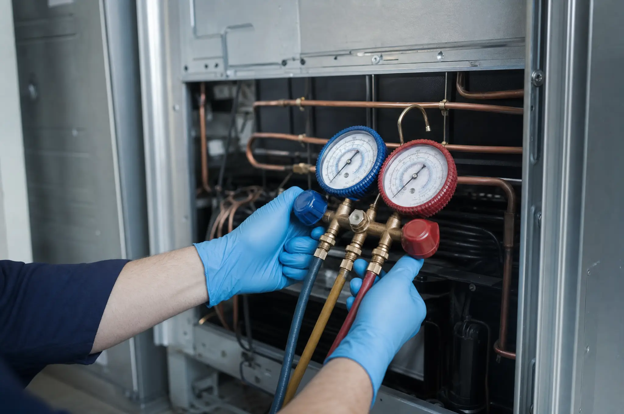 A technician checking refrigerant pressure with manifold gauges