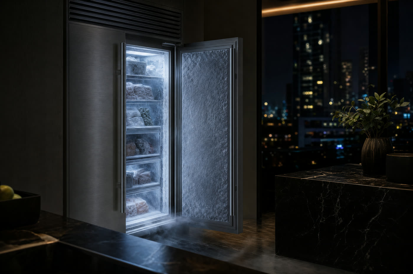 An open built-in freezer column with heavy frost inside
