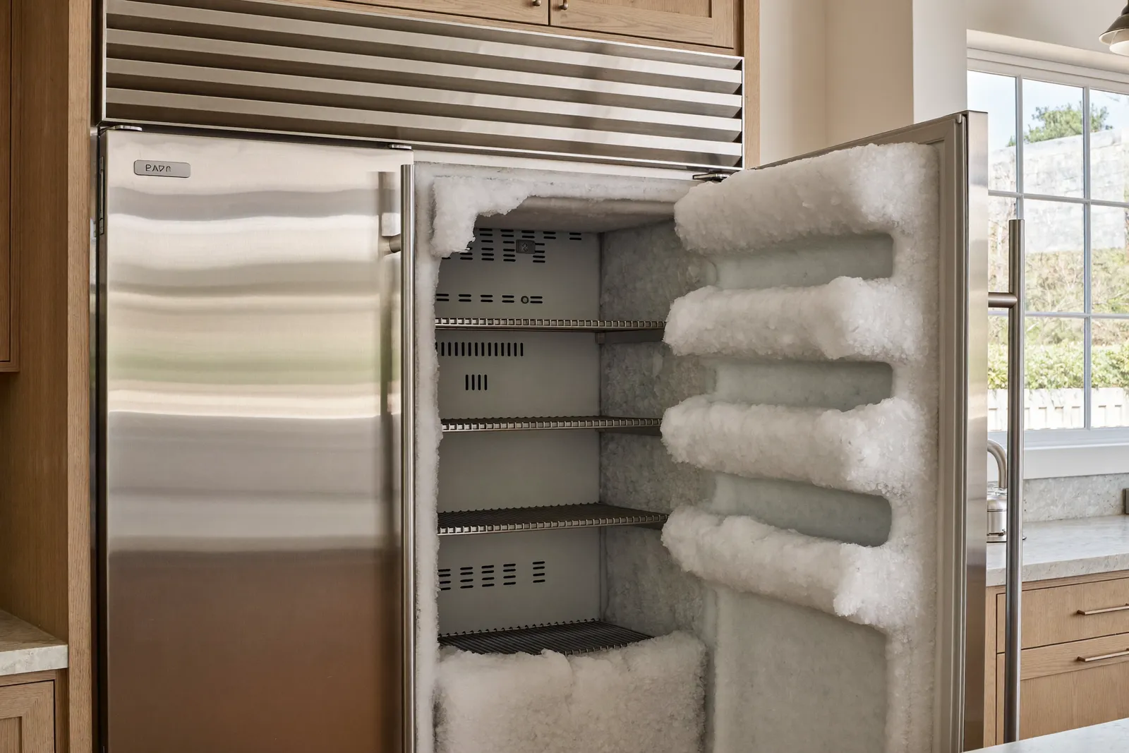 An open built-in freezer with heavy frost built up inside