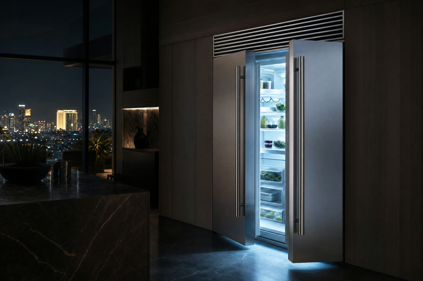 An open built-in Sub-Zero refrigerator column in a kitchen