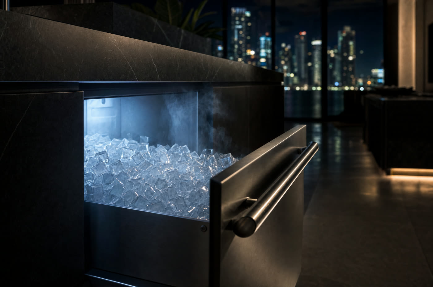 An open undercounter ice machine drawer filled with ice cubes