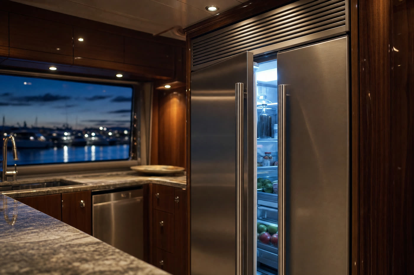 A built-in stainless refrigerator installed in a yacht galley